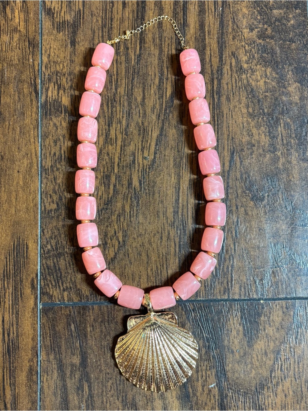 Pink Beaded Necklace with Gold Shell Pendant - Women Jewelry